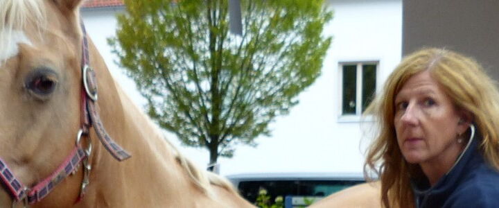 Dr. med. vet. Anke von Bieberstein mit Stethoskop und Pferd